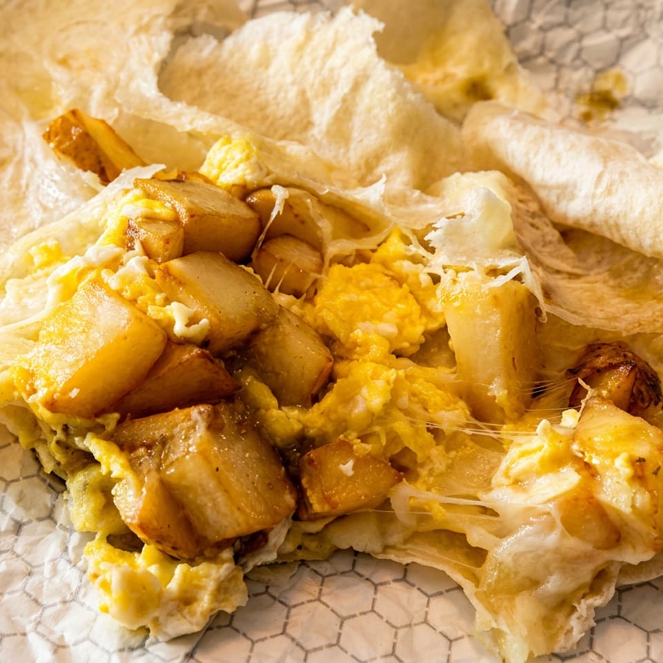 Breakfast burrito with scrambled eggs, potatoes, and melted cheese, served with green salsa.