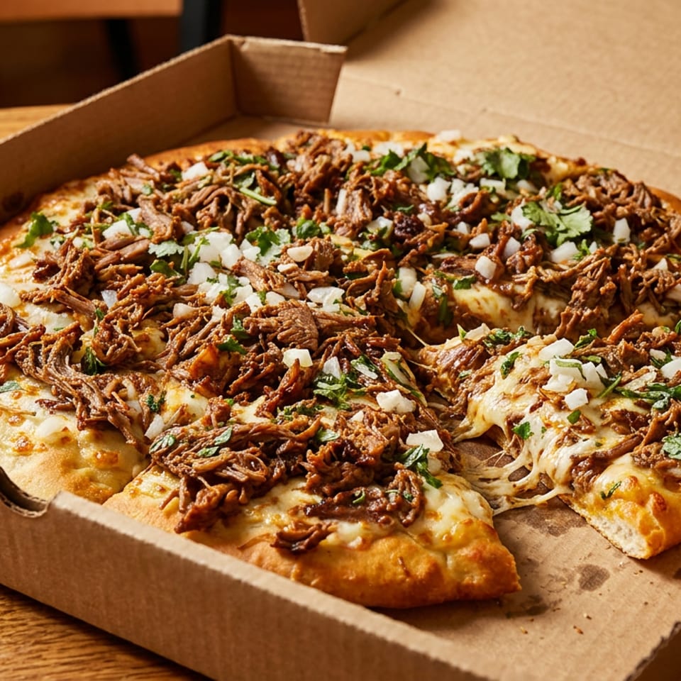A whole pizza with shredded meat, white onions, and cilantro in a cardboard box.
