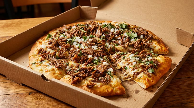 A whole pizza with shredded meat, white onions, and cilantro in a cardboard box.