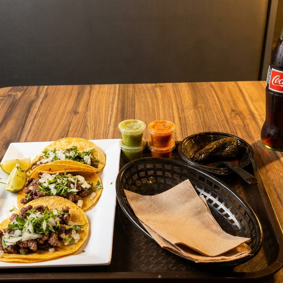 Three street tacos with lime, salsa, grilled peppers, and a Coca-Cola bottle on a wooden table.