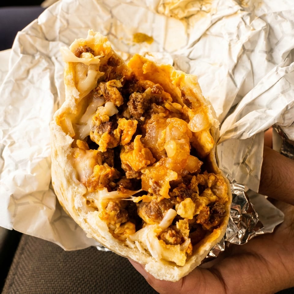 A hand holds a large, open breakfast burrito filled with eggs, sausage, and cheese.