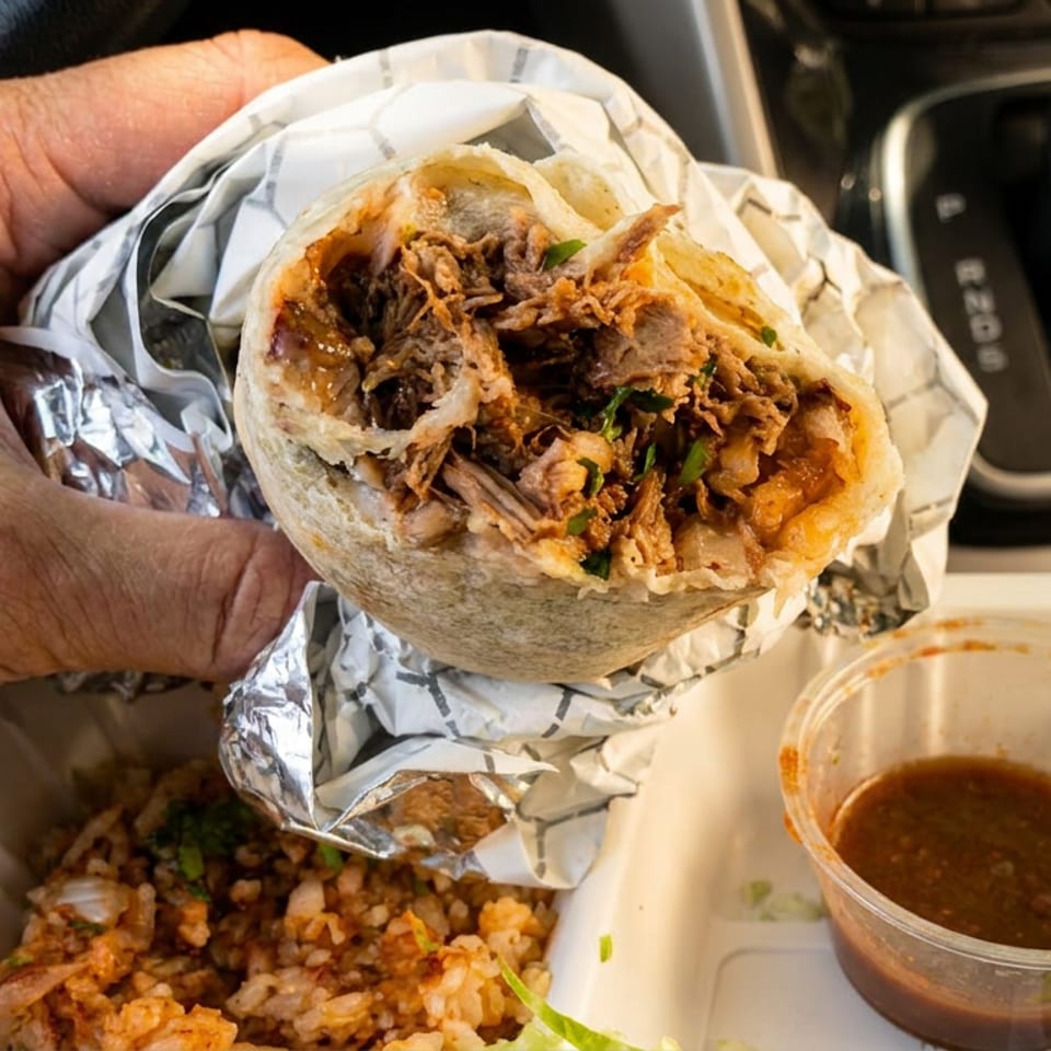 A hand holds a large, unwrapped burrito filled with meat and cilantro, with rice and salsa below.