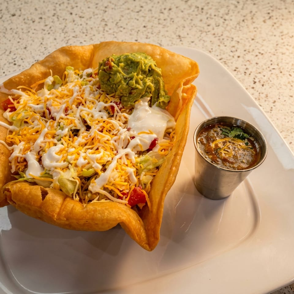 A taco salad in a crispy fried shell with guacamole, sour cream, and salsa on a white plate.