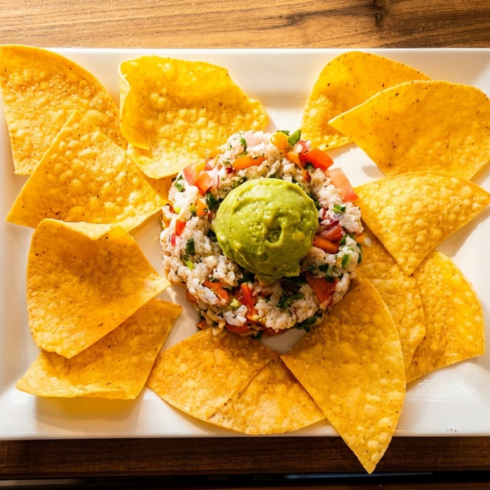 White plate with ceviche topped with guacamole, surrounded by tortilla chips on a wooden table.