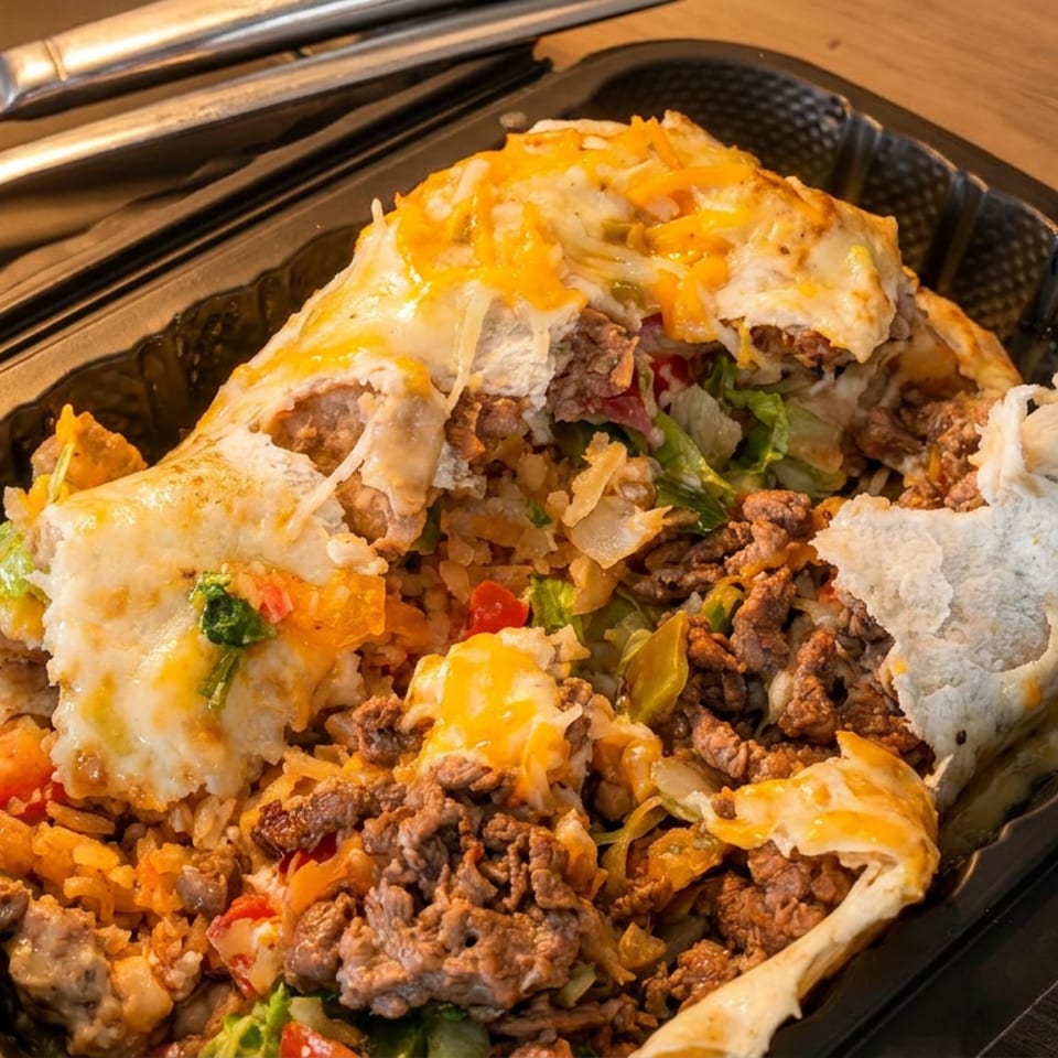 A deconstructed burrito bowl with meat, rice, cheese, and vegetables in a black takeout container.