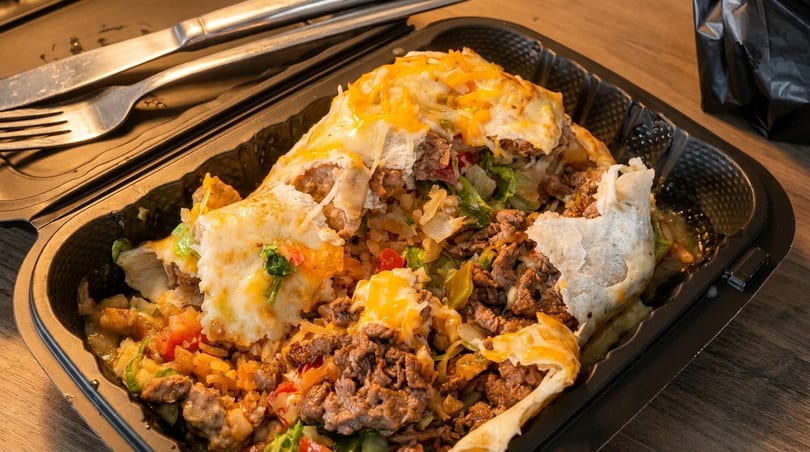 A deconstructed burrito bowl with meat, rice, cheese, and vegetables in a black takeout container.